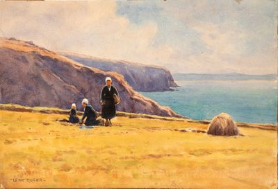 painting of a woman and two children sitting on a hill overlooking the ocean