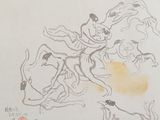 un dessin représentant un homme à cheval sur la plage