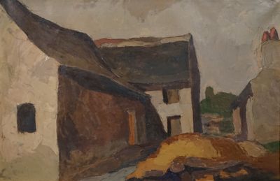 un tableau représentant un bâtiment devant lequel se trouve un cheval