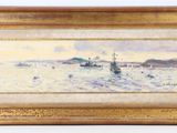 une peinture à l'huile représentant un bateau dans un plan d'eau