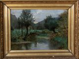 painting of a landscape with a river and trees in a gold frame