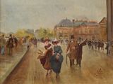 une peinture de personnes marchant dans la rue sous la pluie
