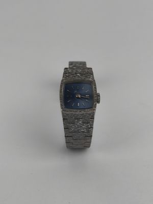 an image of a silver watch with a blue face sitting on a white surface