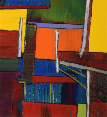 abstract painting of multicolored buildings with a sky in the background