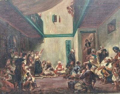 tableau représentant un grand groupe de personnes assises dans une pièce