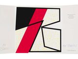 a black, red, and white abstract painting on a white background