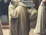 an image of a painting of a man kneeling down in front of a group of people