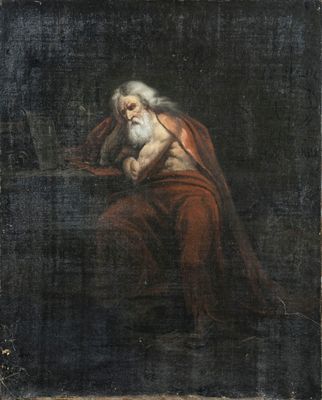 un tableau représentant un vieil homme barbu assis sur une chaise