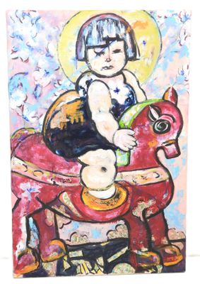 painting of a child on a rocking horse with a sun in the background