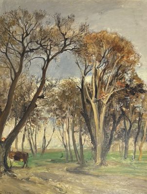 un tableau représentant un homme à cheval sur un chemin de terre