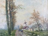 an image of a painting of a country road with a windmill in the distance