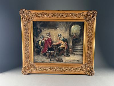 an image of a painting of two men playing cards in a room