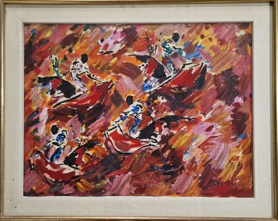 abstract painting of a group of people in a field of grass