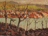peinture d'un paysage avec des arbres et une rivière au premier plan