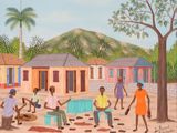 tableau représentant un groupe de personnes jouant à un jeu dans un village
