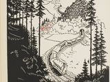 un dessin en noir et blanc représentant un train traversant une forêt