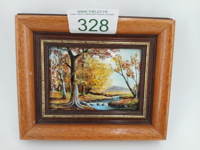 an oil painting of a stream in a wooded area with trees