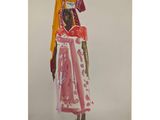 tableau représentant une femme vêtue d'une robe rouge et blanche et portant une coiffe jaune