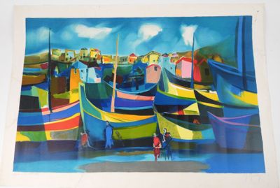 a picture of a painting of boats in a harbor