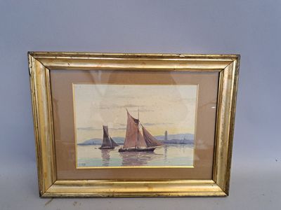 painting of a sailboat in the water with other boats in the background