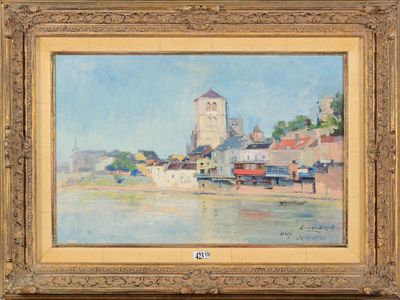 Huile sur carton 'Huy". Signée en bas à droite L.