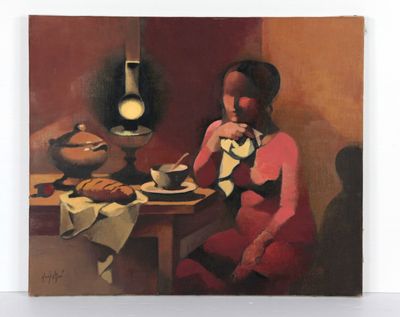tableau représentant une femme assise à une table, avec une assiette de nourriture devant elle