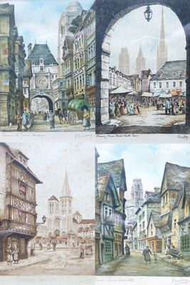 plusieurs photos d'une série de tableaux représentant des bâtiments anciens et des personnages