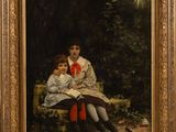 a painting of two children sitting on a bench in a park