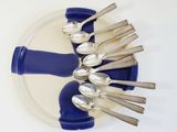 spoons and spoon rest on a plate with a blue handle