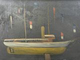 a painting of a boat on display in a museum