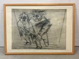 a black and white drawing of two men on a rope