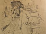drawing of a woman walking down a street with a horse and carriage in the background