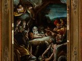 une image représentant une peinture d'une crèche avec des anges et une mangeoire