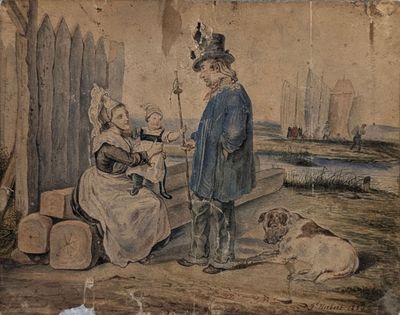 une peinture représentant un homme et une femme assis sur un banc