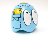a blue piggy bank with a yellow light on it