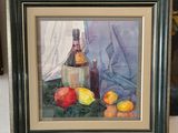 a picture of a painting of fruit and a bottle on a table