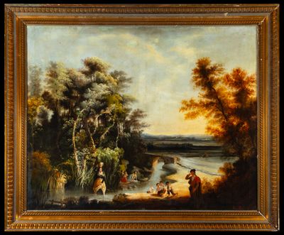 une peinture à l'huile représentant une scène au bord d'une rivière, avec deux hommes et un chien