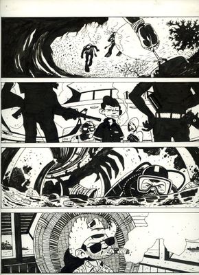 une image en noir et blanc tirée d'une bande dessinée, représentant un homme à moto