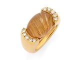 a gold ring with a tiger ' s eye stone and diamonds