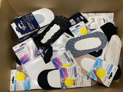 a cardboard box filled with various types of shoes