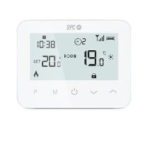 un gros plan d'un thermostat numérique sur fond blanc