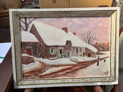 une photo d'un tableau représentant une maison dans la neige