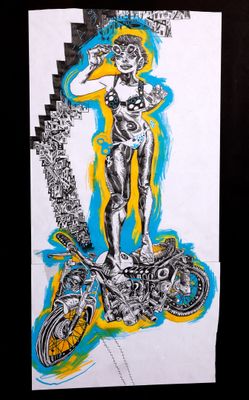 dessin représentant une femme à moto sur une feuille de papier