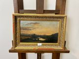 an oil painting of a landscape with a river in the distance