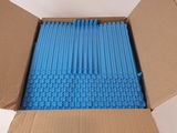 a cardboard box with a bunch of blue straws in it