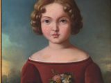 portrait d'une jeune fille en robe rouge tenant un bouquet de fleurs