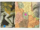 a collage of a woman sitting on a chair and a map