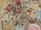 a drawing of a vase with flowers in it on a table