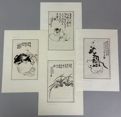 four chinese ink paintings of a man and a woman on a horse