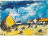 an image of a painting of a farm scene with a church in the background